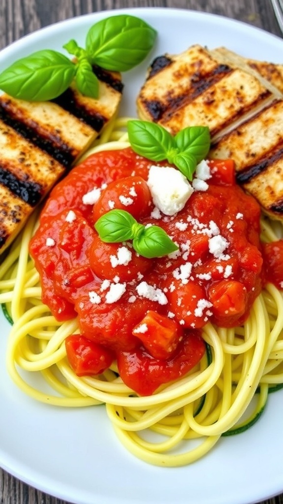A colorful plate of zucchini noodles with tomato sauce and grilled chicken, garnished with basil on a rustic table.
